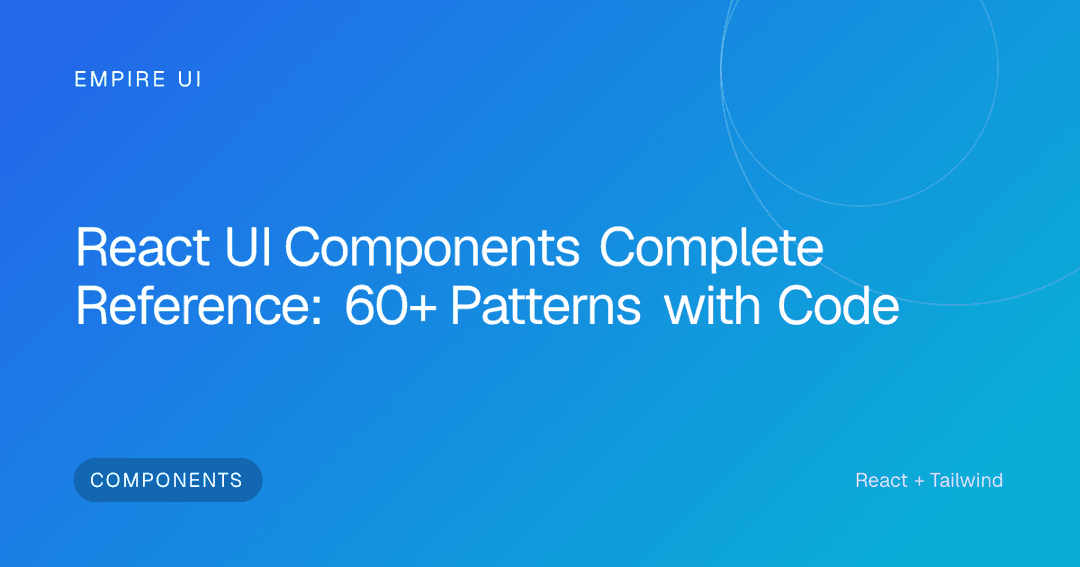 A grid of React UI components - buttons, cards, modals, tabs, carousels - shown on a dark background