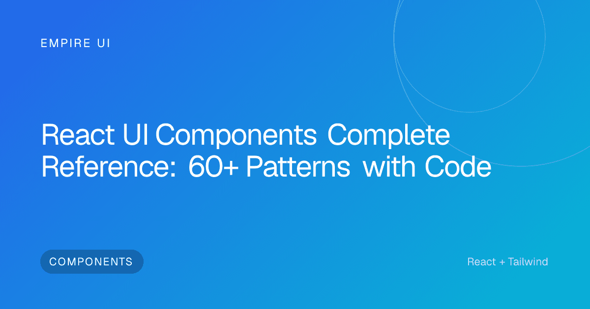 A grid of React UI components - buttons, cards, modals, tabs, carousels - shown on a dark background